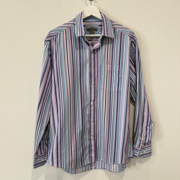 Johnston & Murphy Tailored Fit Multicolor Striped Button-Down 100% Cotton Shirt - Picture 1 of 17